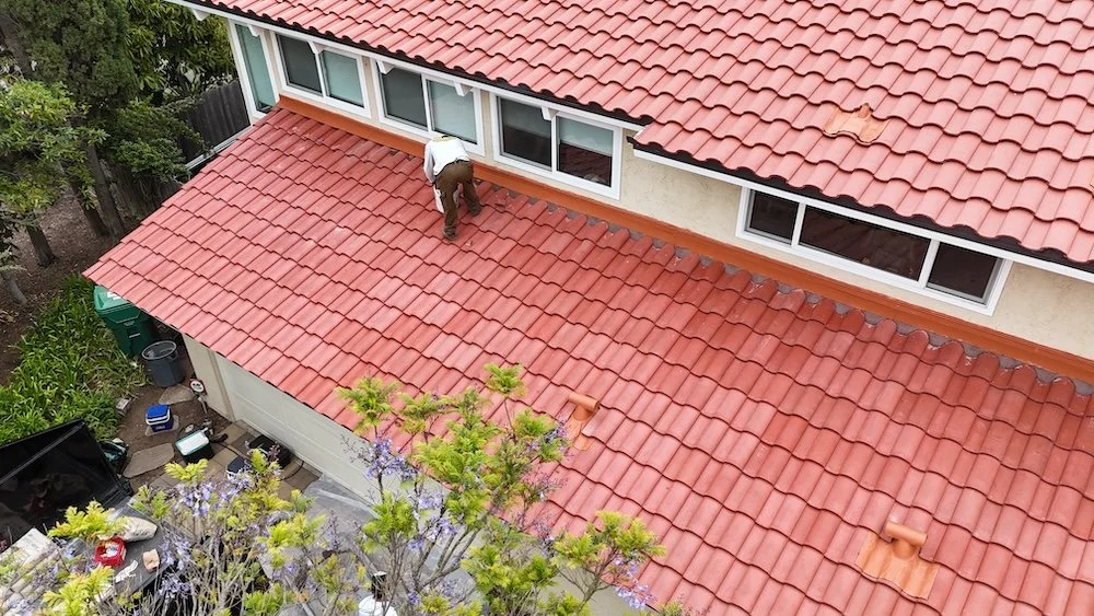 Finished red concrete S tile roof on a Santa Barbara home after a full roof replacement.