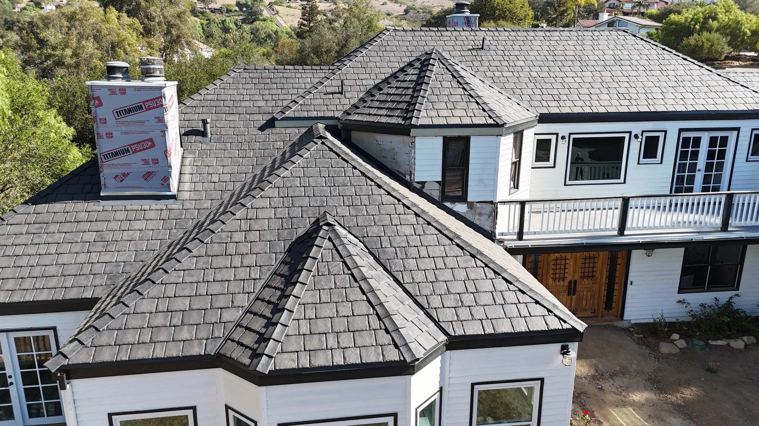 Santa Barbara home exterior with its new slate-look composite roof