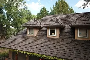 High-performance synthetic slate roofing tiles installed on a residential home by local Santa Barbara roofing contractors.