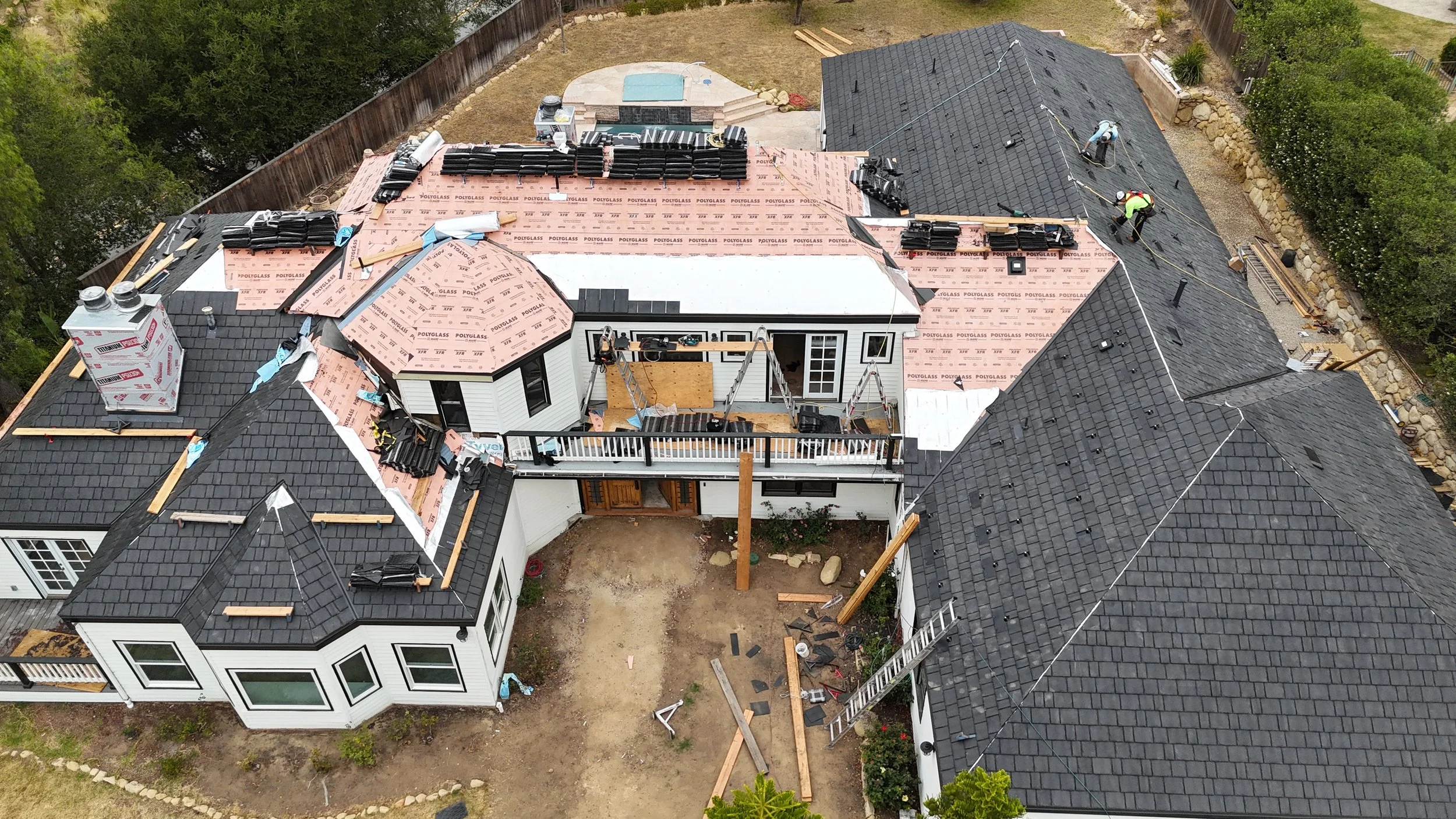 Drone view of the composite slate roof during installation