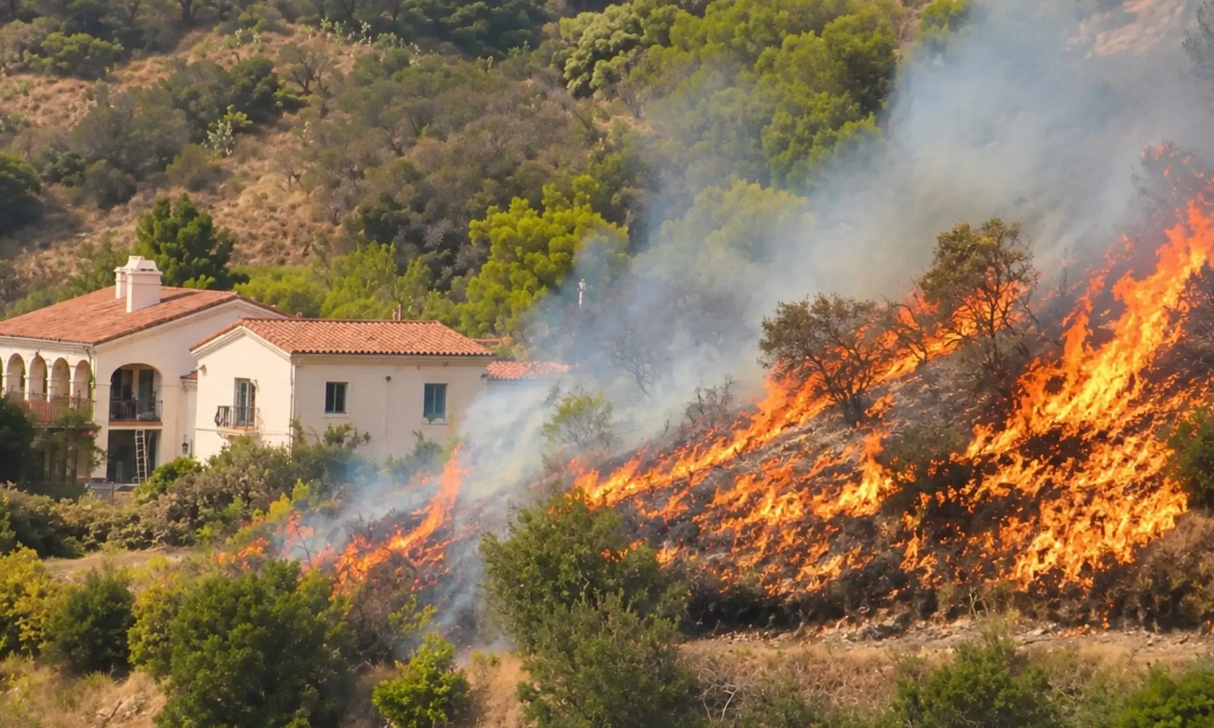 Residential home near an active brush fire on a hillside