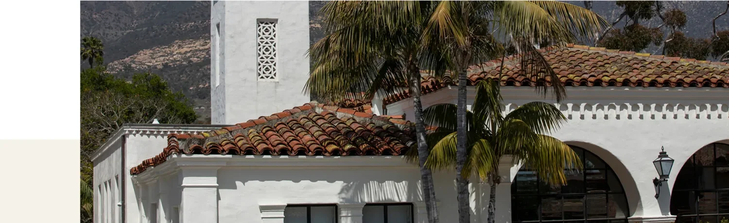 Historic Spanish Colonial roofing restoration with Santa Ynez mountain views in Montecito.