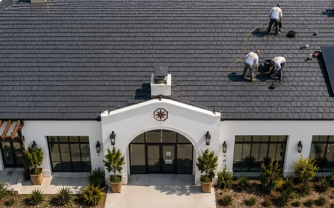Roofers installing dark shingle roofing on a new commercial building in Santa Barbara.