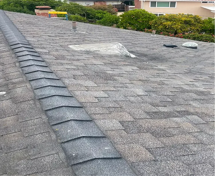 Professional roof repair in Goleta, CA, showing a shingle roof with skylight and ridge venting.
