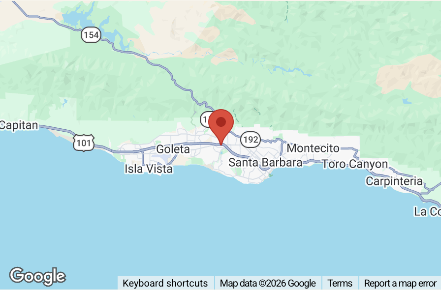 Map of roofing service areas covering Santa Barbara, Goleta, Montecito, Carpinteria, and the Santa Ynez Valley.