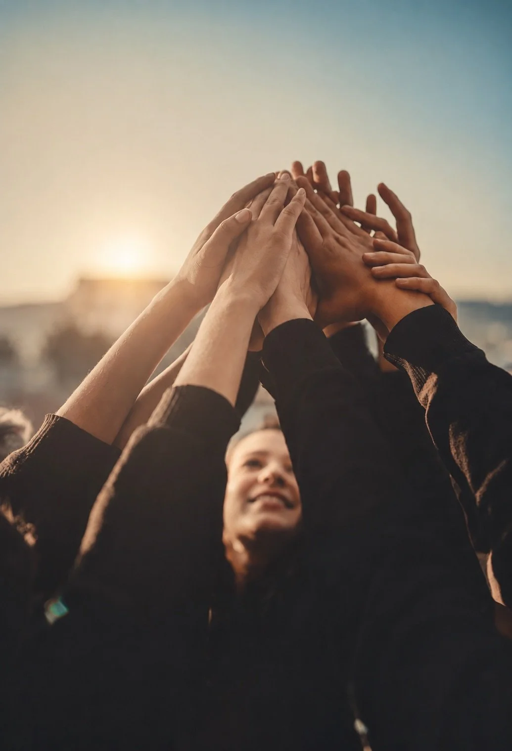 A diverse group of hands joined in a unified huddle, representing Quality Roofing's commitment to the Santa Barbara community.