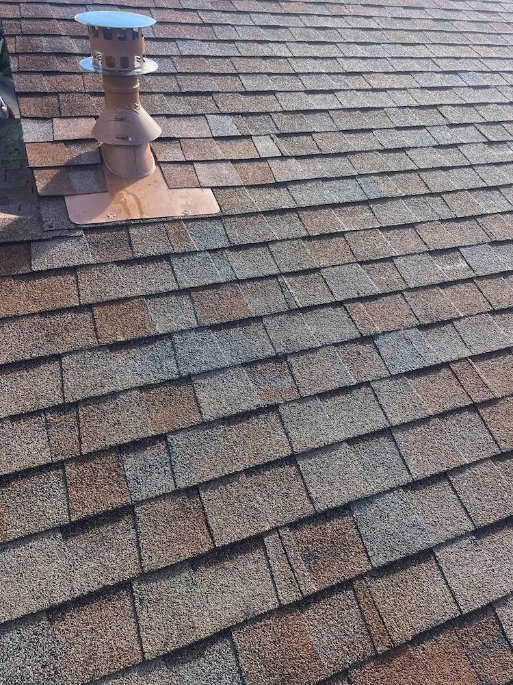 Close‑up of a weathered asphalt shingle roof with fading and granule loss before replacement on a Santa Barbara home.