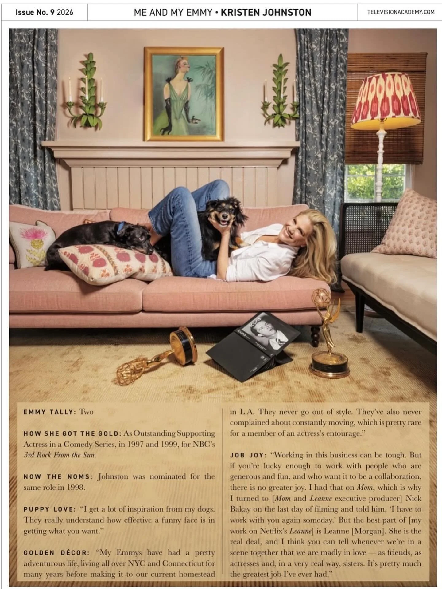 @thekristenjohnston at home, with her Emmys and fur babies. 

What fun we had bringing this room together &mdash; layered, personal, and collected over time. 🤍

@interiordefine 
@luluandgeorgia 
@pookylightsus 
@farrowandball 
@stfrankhome