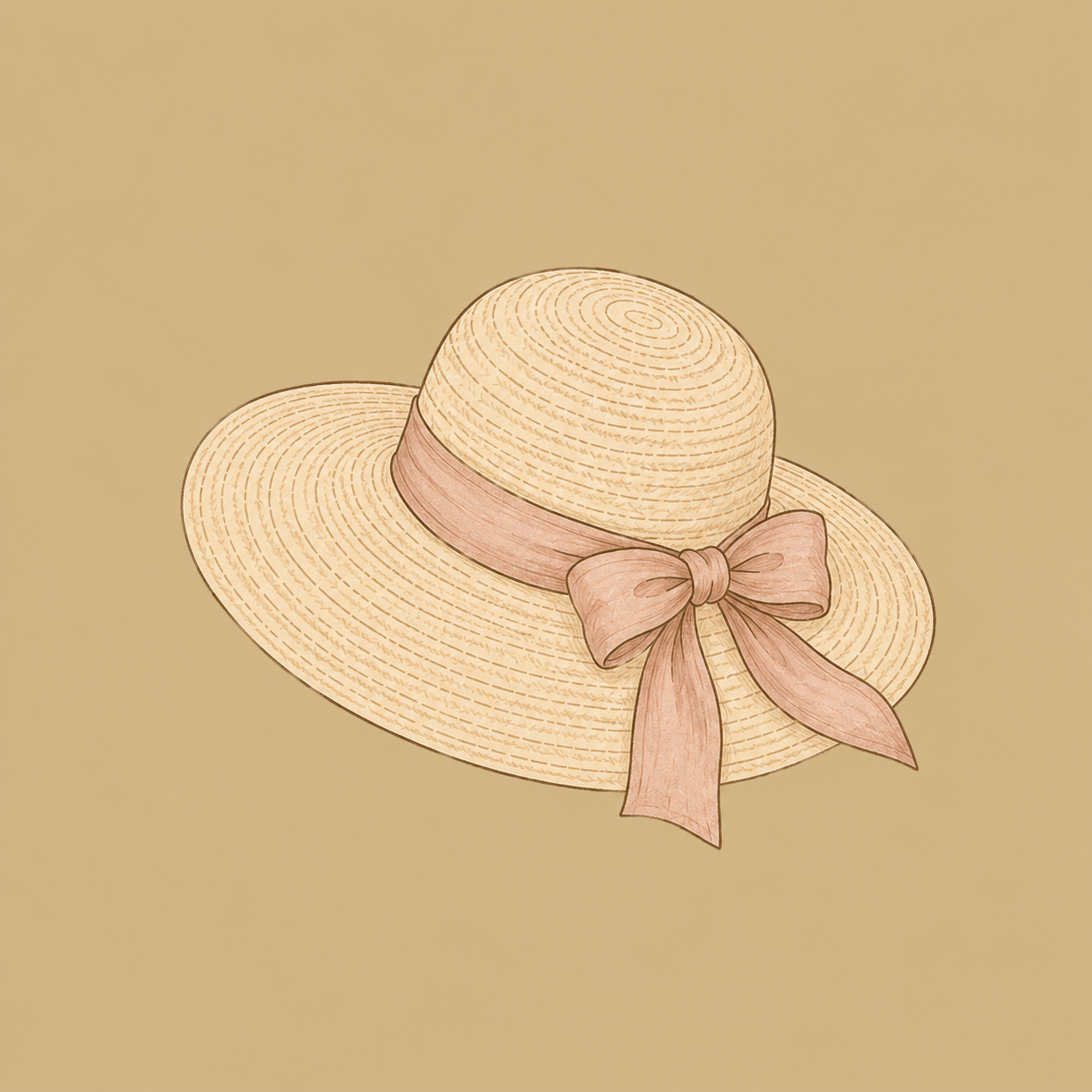A beige wide-brimmed straw sunhat with a pink ribbon and bow, placed on a plain light background.