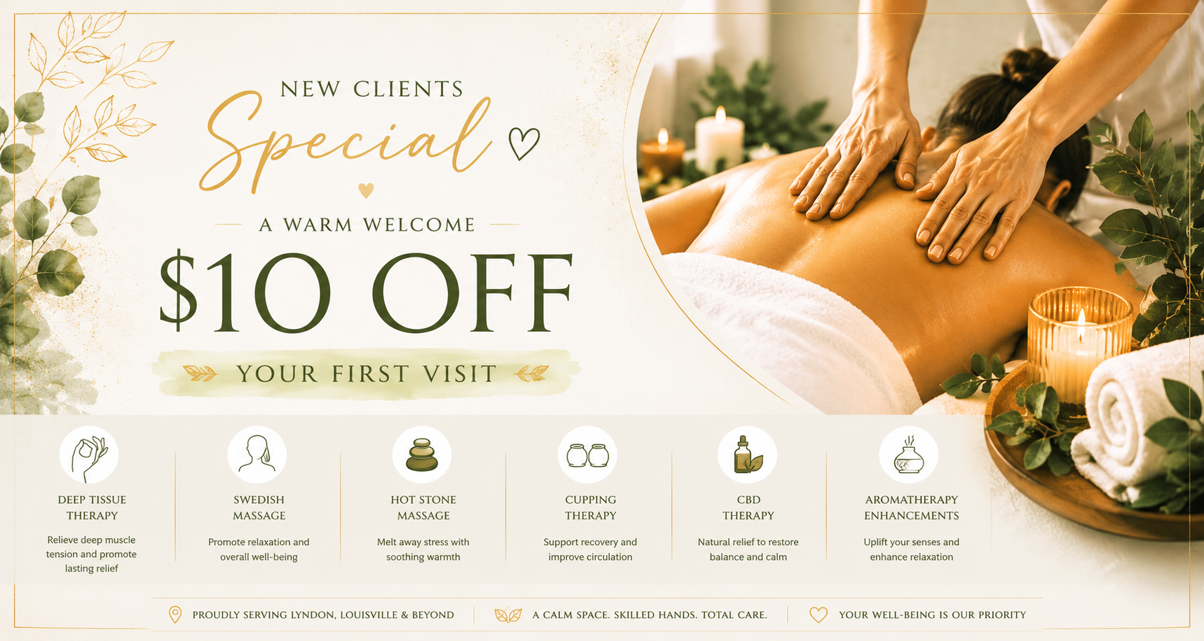 Spa promotional flyer offering $10 off the first visit for new clients, featuring a massage therapist giving a back massage, with candles, rolled towels, and greenery for ambiance.