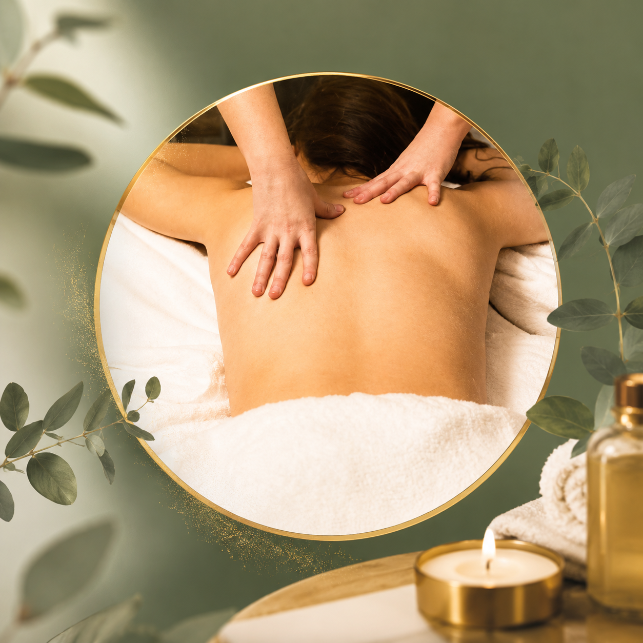 A person receiving a back massage in a spa setting, with a mirror around the massage area, surrounded by green leaves and spa items like a candle and towels.