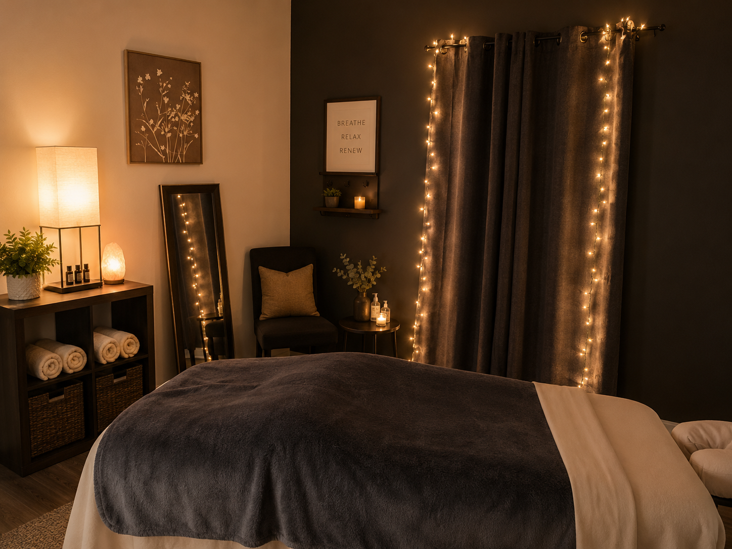 Cozy massage room with dim lighting, fairy lights, a massage table with a dark blanket, a side table with candles and greenery, a black chair, framed art and a mirror, and dark curtains.