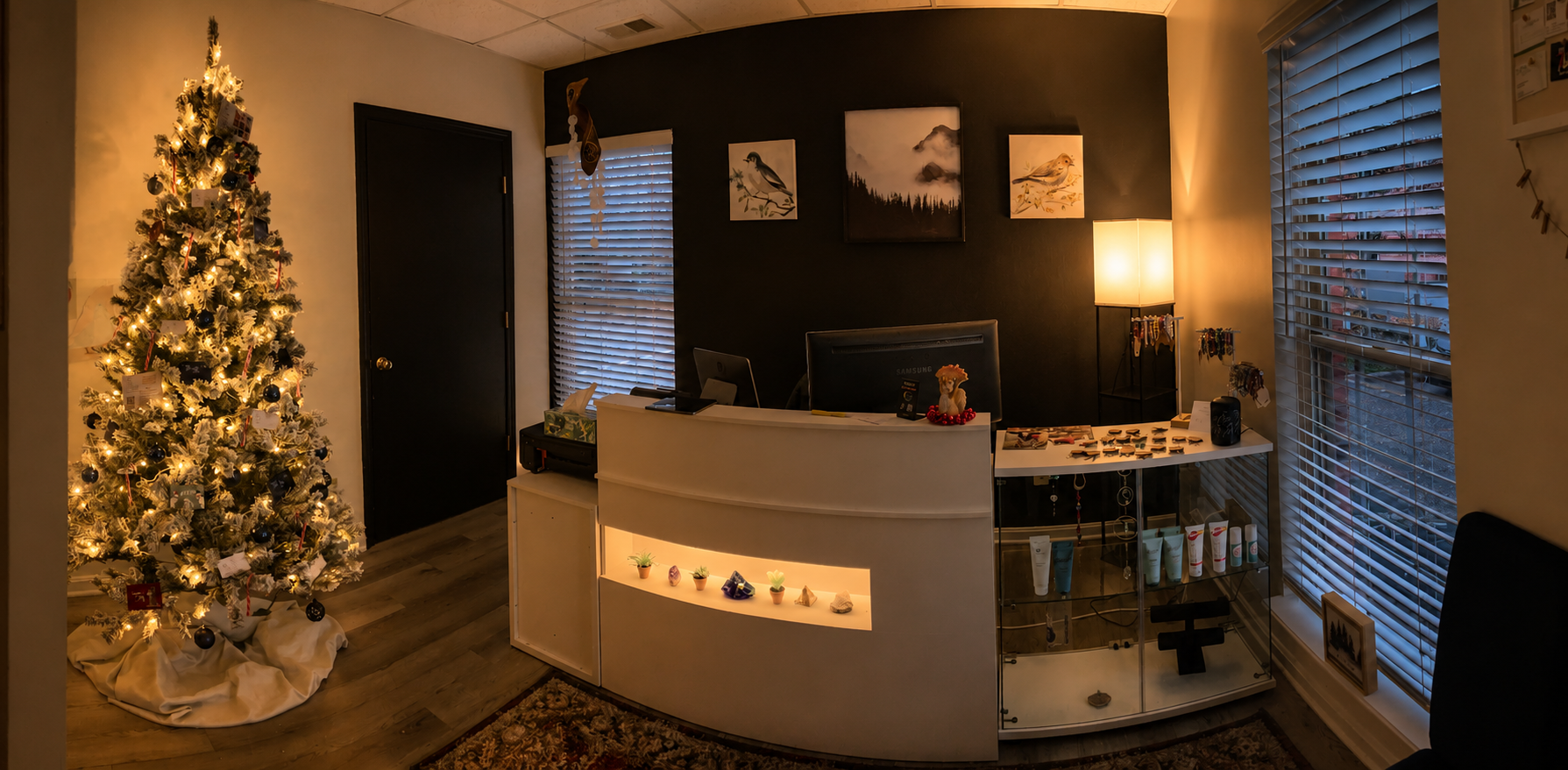 Interior of a modern office with a decorated Christmas tree, a reception desk, animal figurines and crystals, and artwork on the walls.