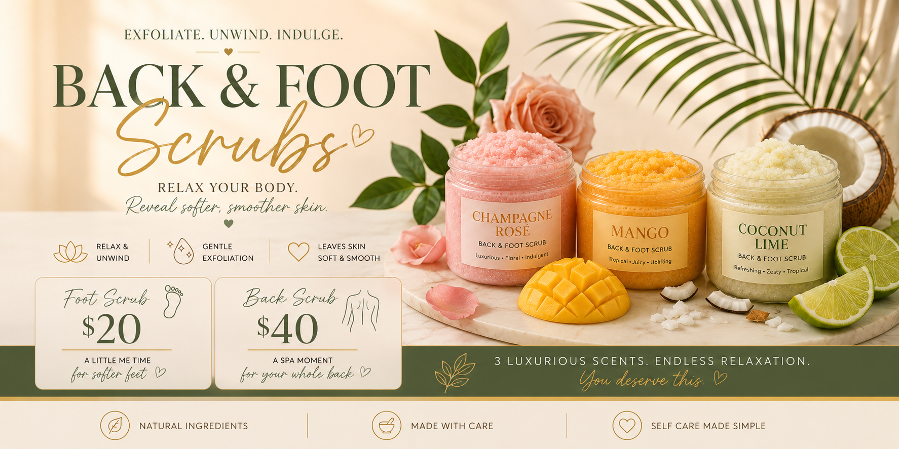 Advertisement for back and foot scrubs featuring three scented scrubs: Champagne Rosé, Mango, and Coconut Lime, with natural ingredients and relaxation theme.