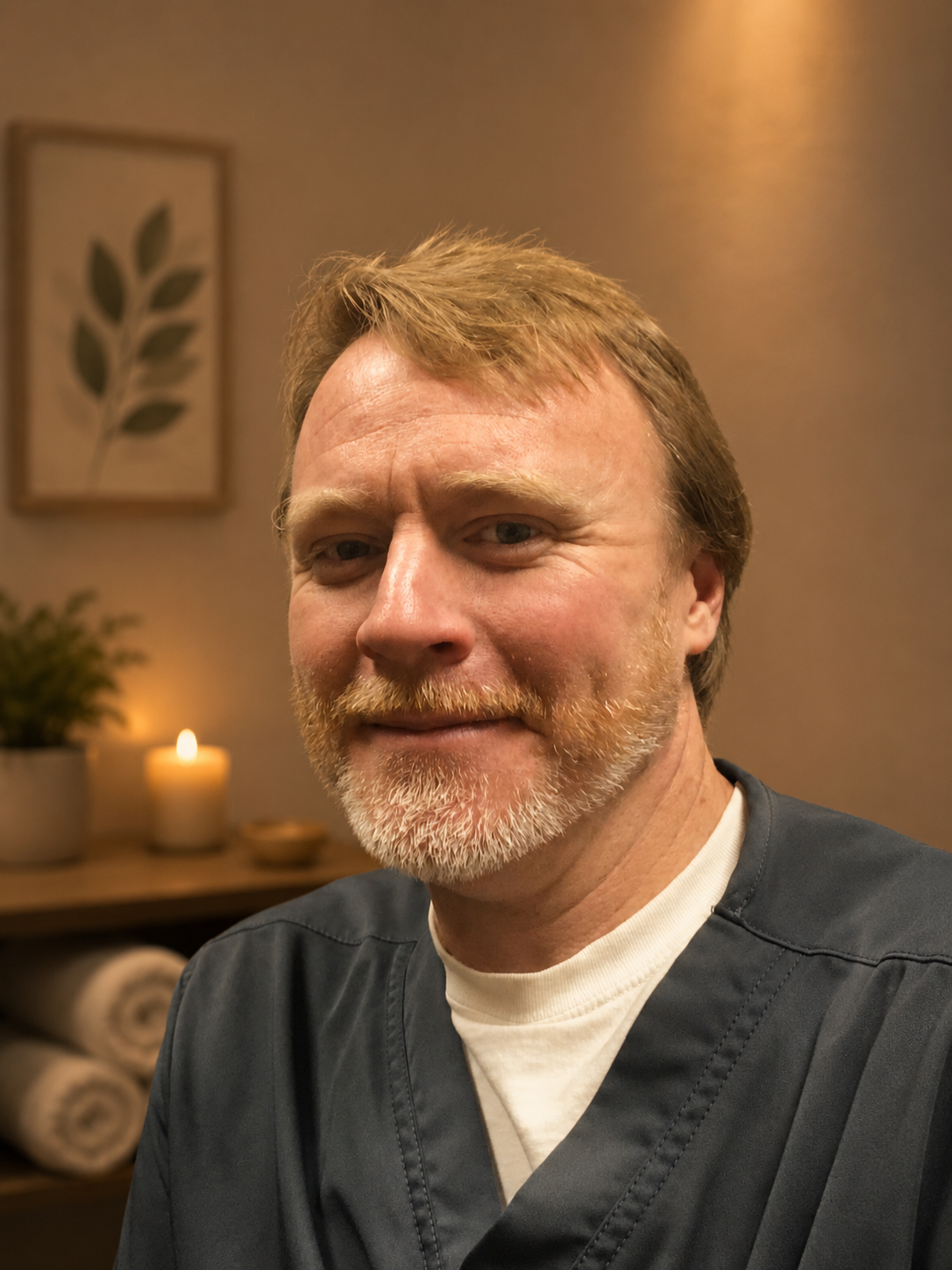 A middle-aged man with reddish hair and a beard smiling, wearing a dark gray medical coat in a warmly lit room with candles, a potted plant, and framed leaf art in the background.