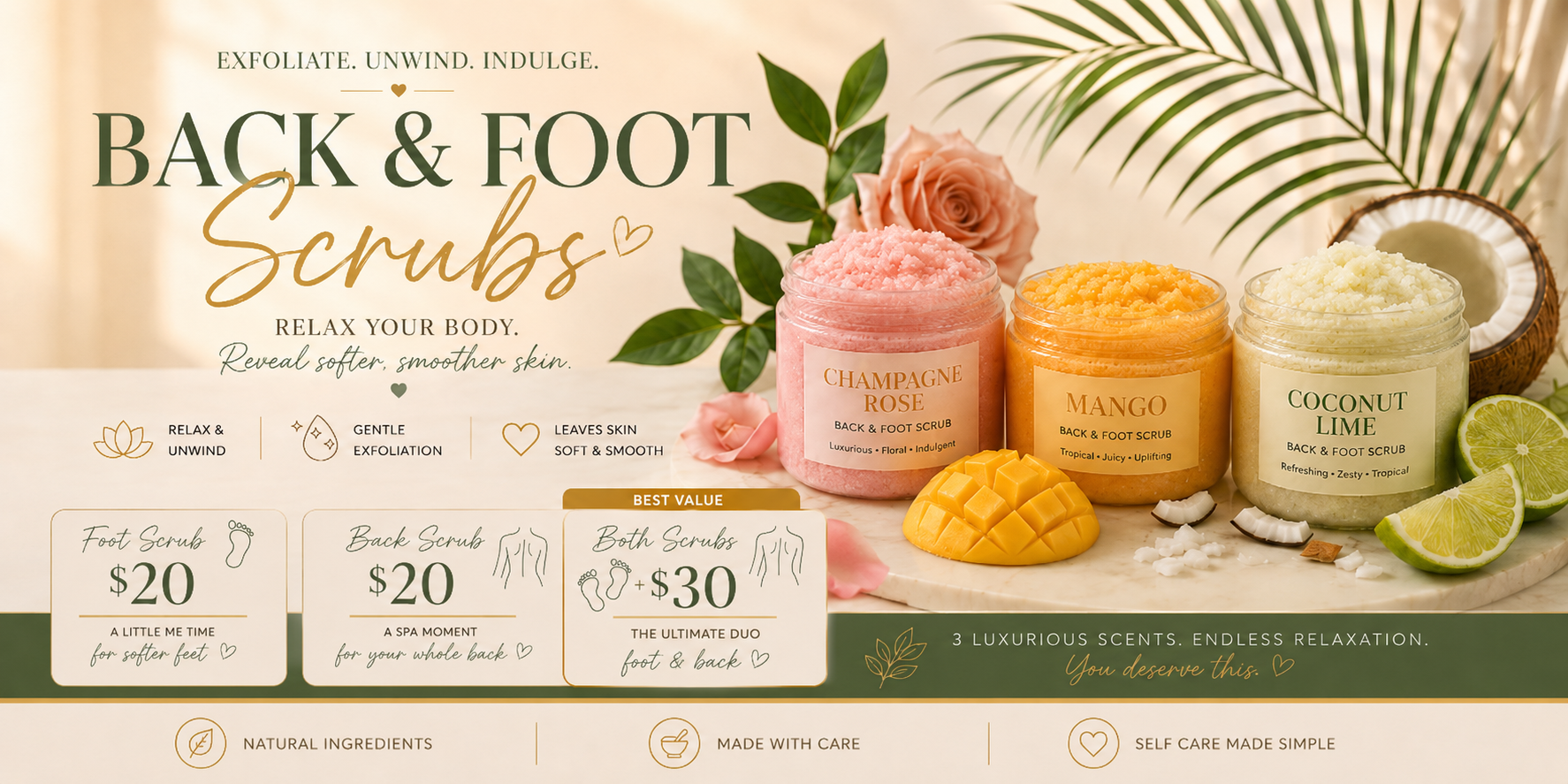 A promotional image for back and foot scrubs featuring three jars of scrubs labeled Champagne Rose, Mango, and Coconut Lime, with tropical fruits and flowers in the background. Text highlights exfoliation, relaxation, gentle exfoliation, and softer skin.