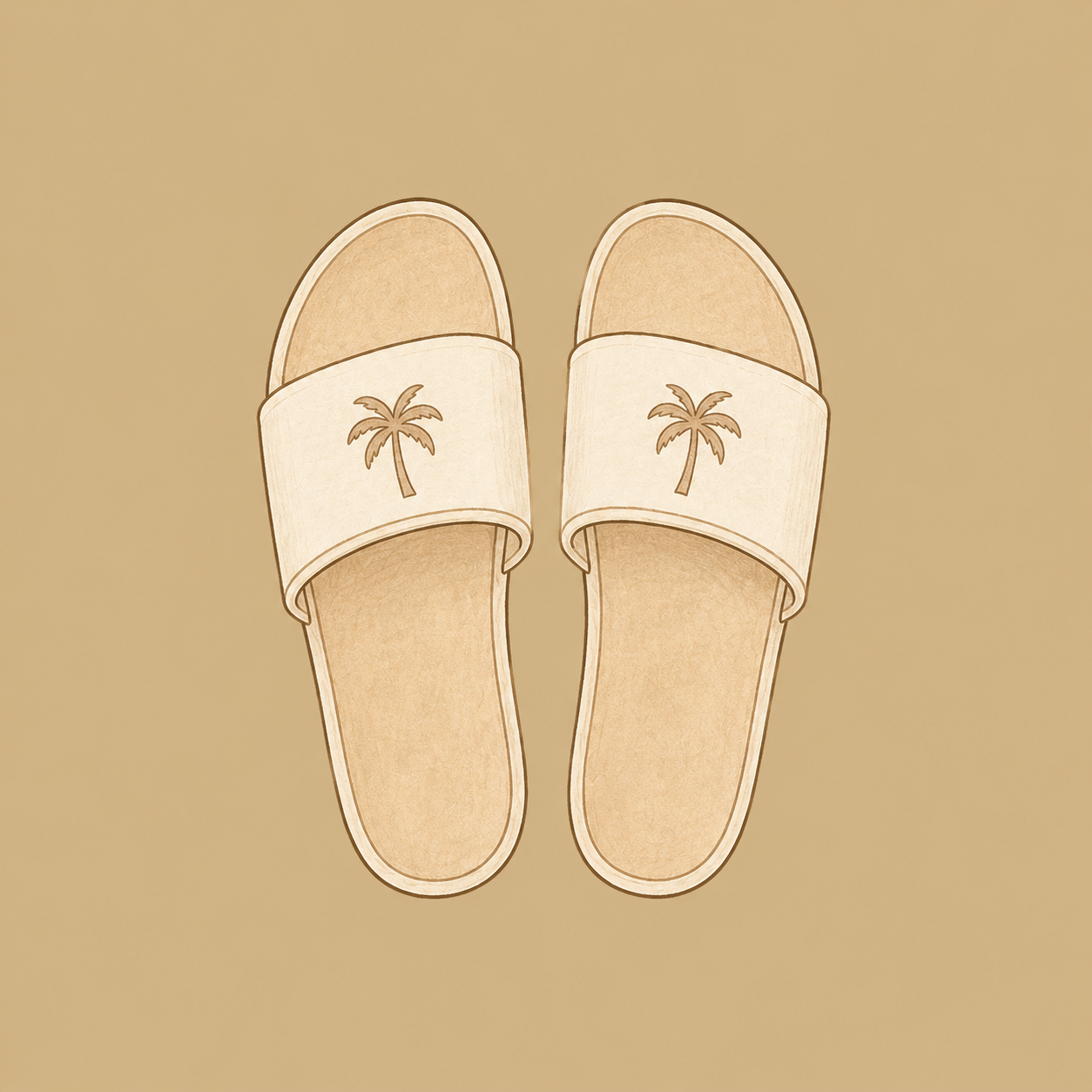 A pair of beige slides with palm tree designs on the straps, viewed from above on a plain background.