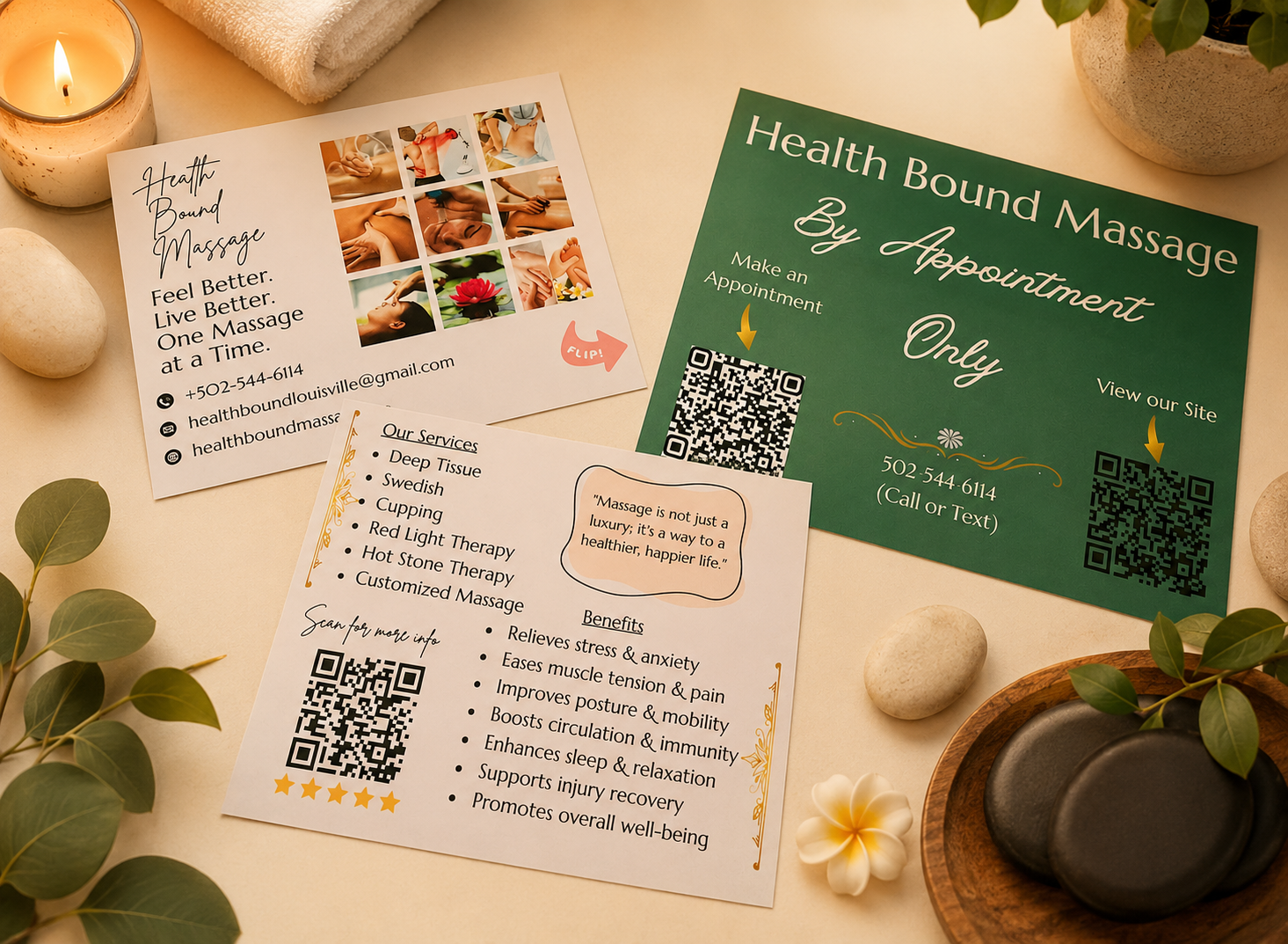 Flyers and business cards for a massage service called Health Bound Massage, featuring contact information, services offered, benefits, and QR codes for booking and more information, displayed on a beige surface with decorative stones, a candle, and a plant.