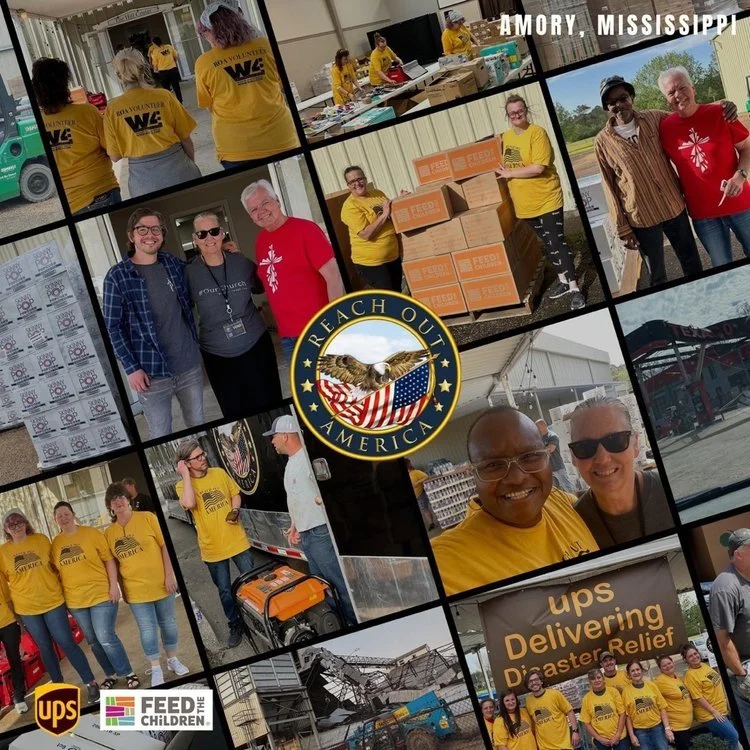 Collage of photos showing volunteers in yellow shirts participating in community service activities, including distributing supplies, standing with recipients, and working outdoors, with logos and text related to UPS, Feed the Children, and disaster 