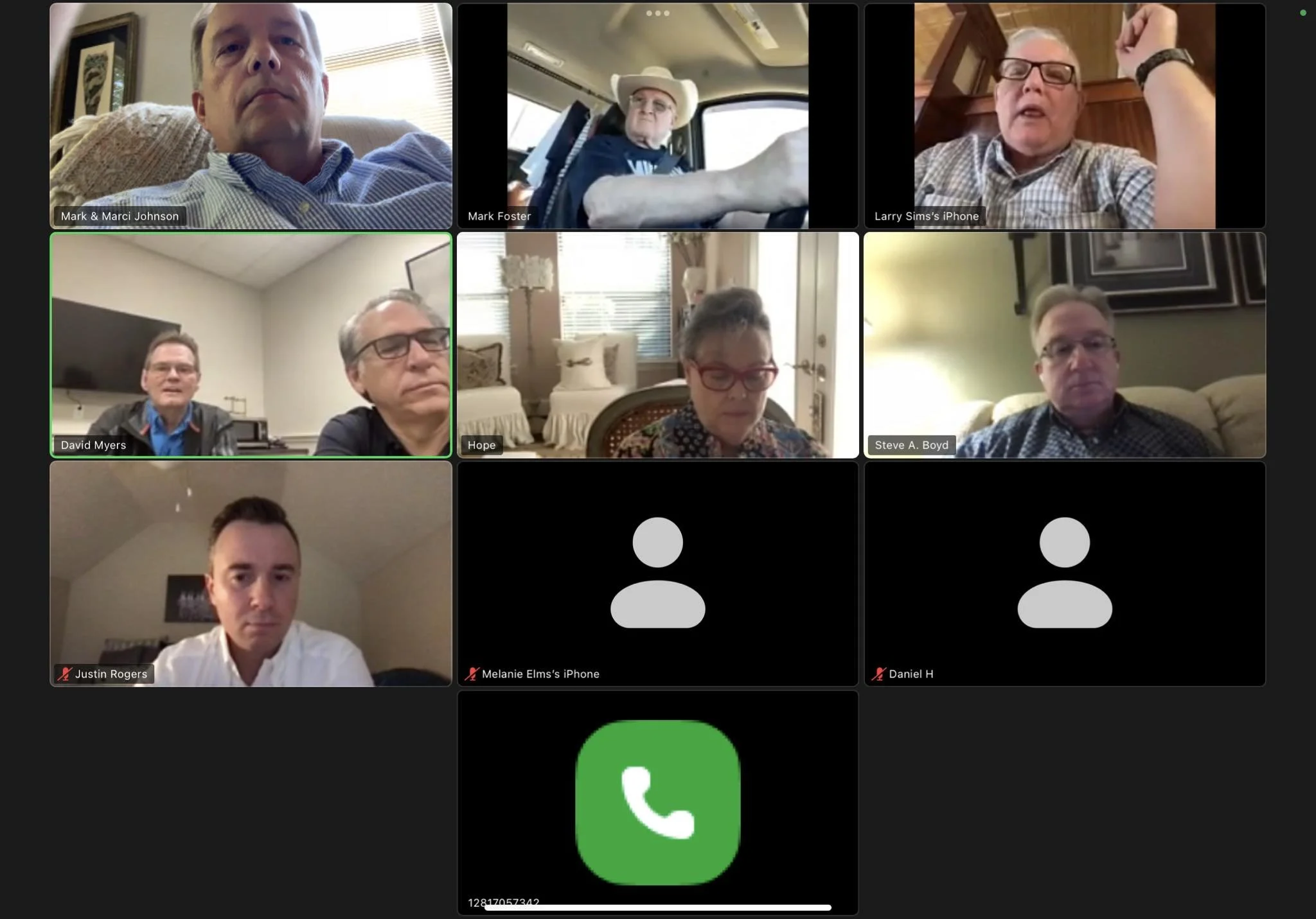 A virtual meeting with nine participants, some with video on and others with muted microphones or avatars. The participants appear to be adults, some in casual clothing, in various indoor settings such as a home office and living room.