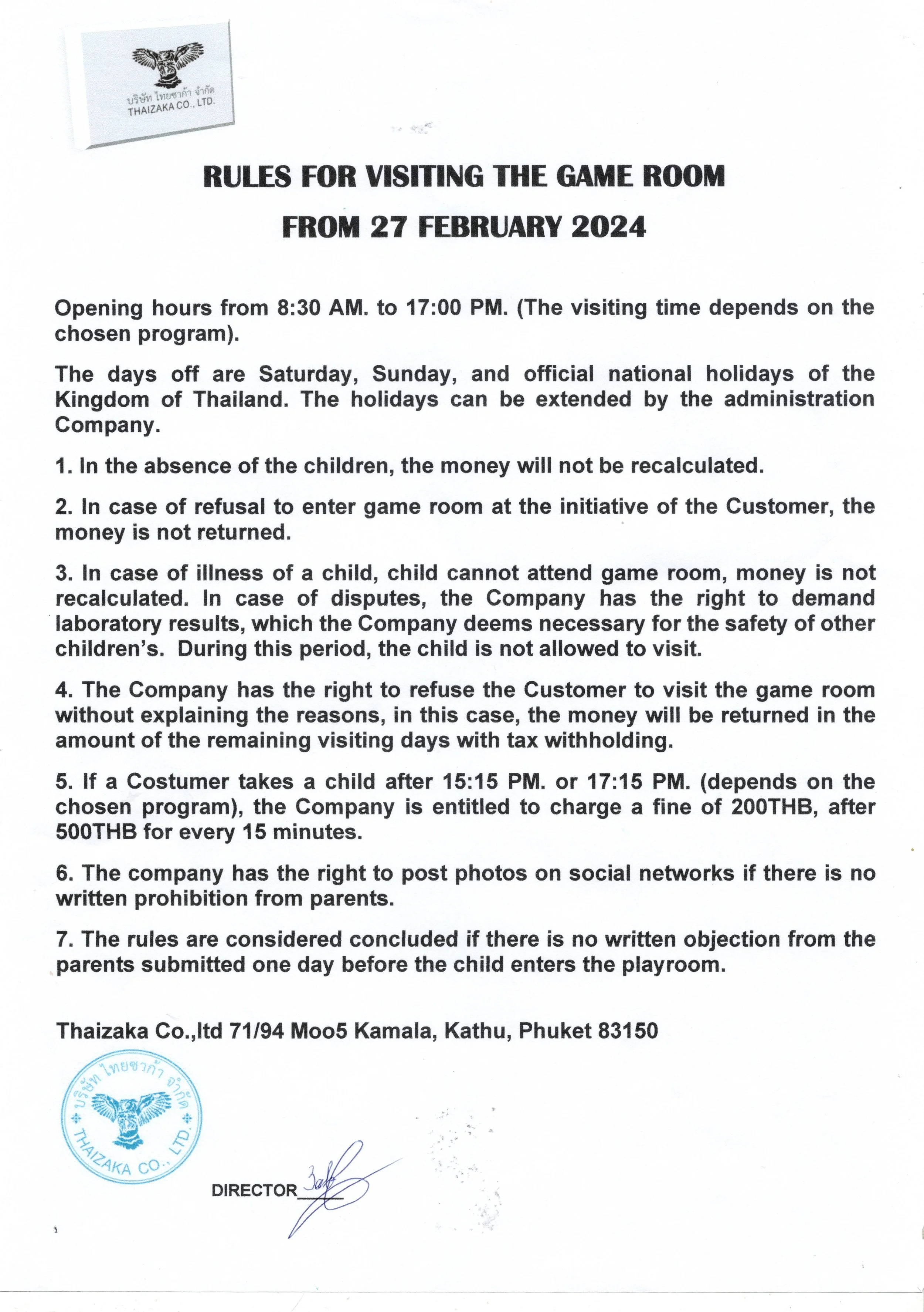 Official document outlining rules for visiting a game room, including opening hours, holidays, child policies, and social media posting rights, with Thai company logo and signature at the bottom.