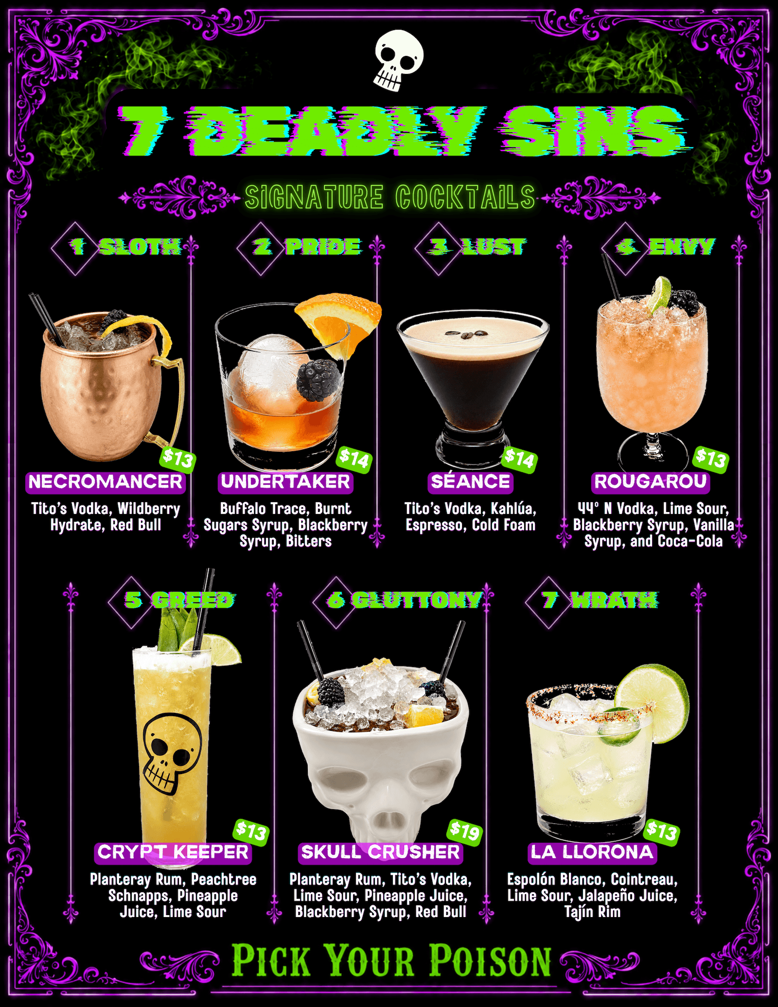 The Crypt Boise: Voodoo Cellar full signature cocktail menu