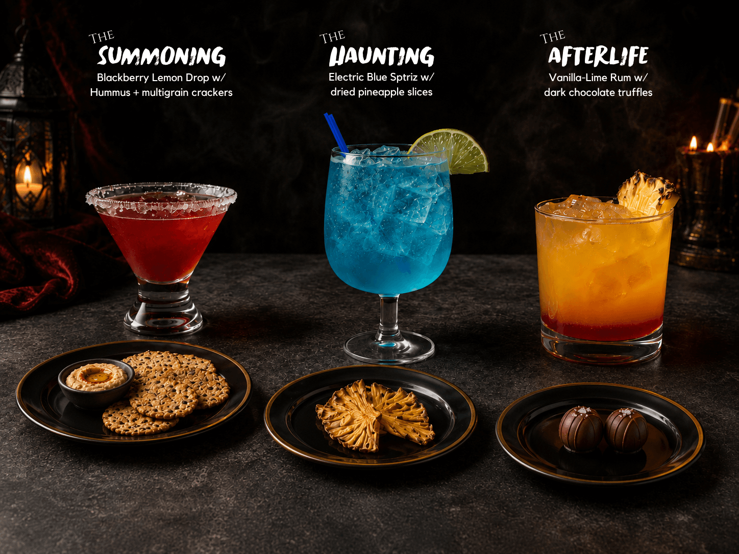 Image showing the cocktail and appetizer pairings for Ghost Stories in the Crypt 2026 in Downtown Boise for Halloween