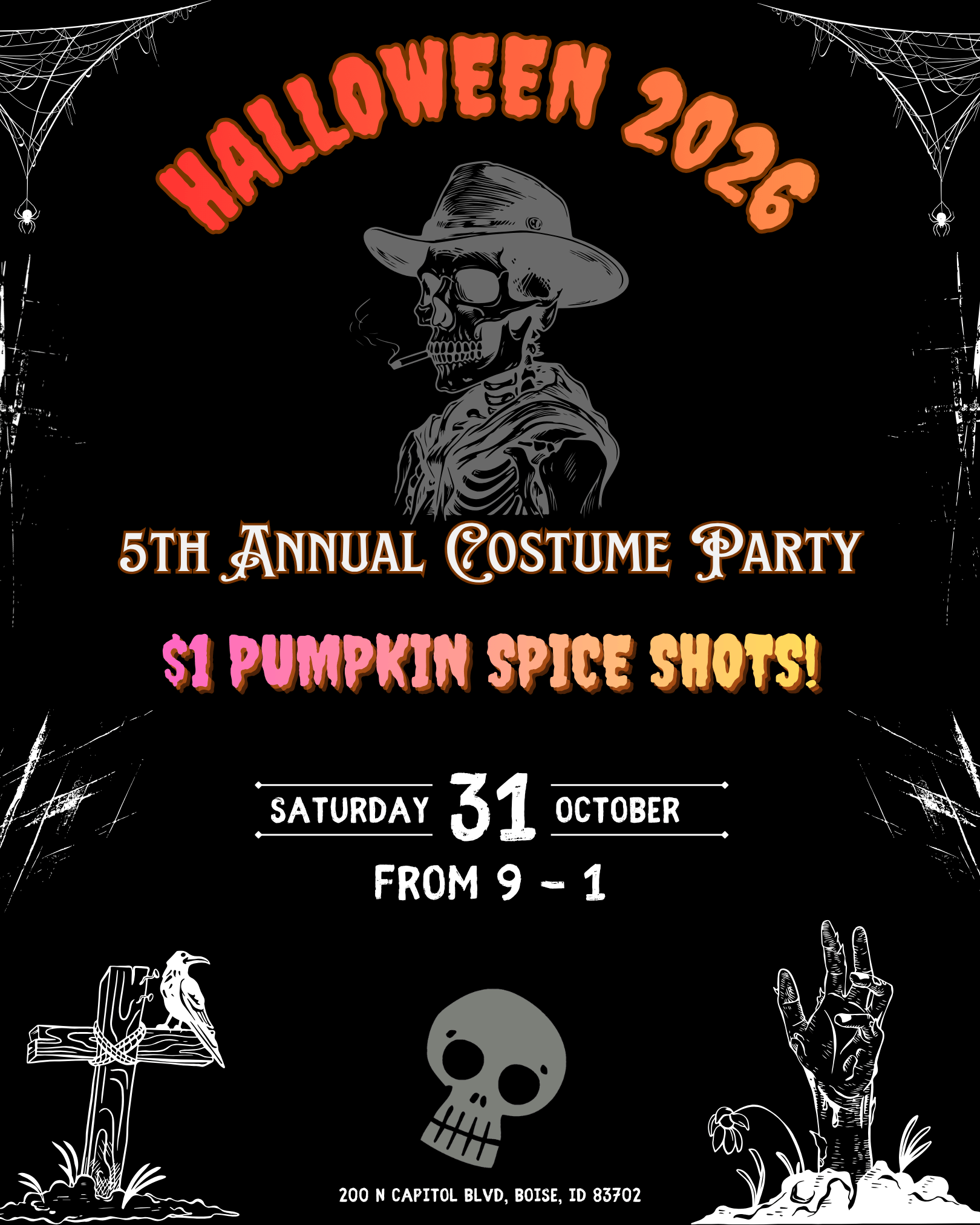 Poster showing all the details of the Voodoo Cellar Halloween Costume Party for 2026 in Downtown Boise