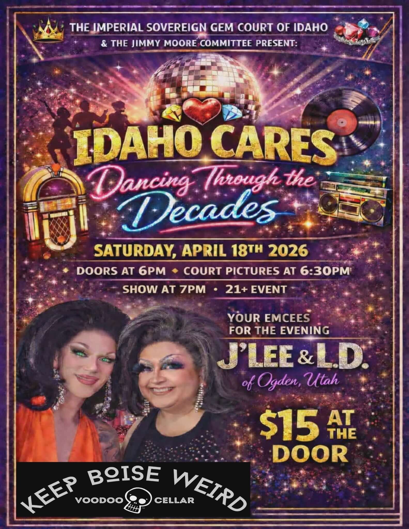 Poster with all the details about Dancing Through the Decades at Voodoo Cellar Boise in April of 2026