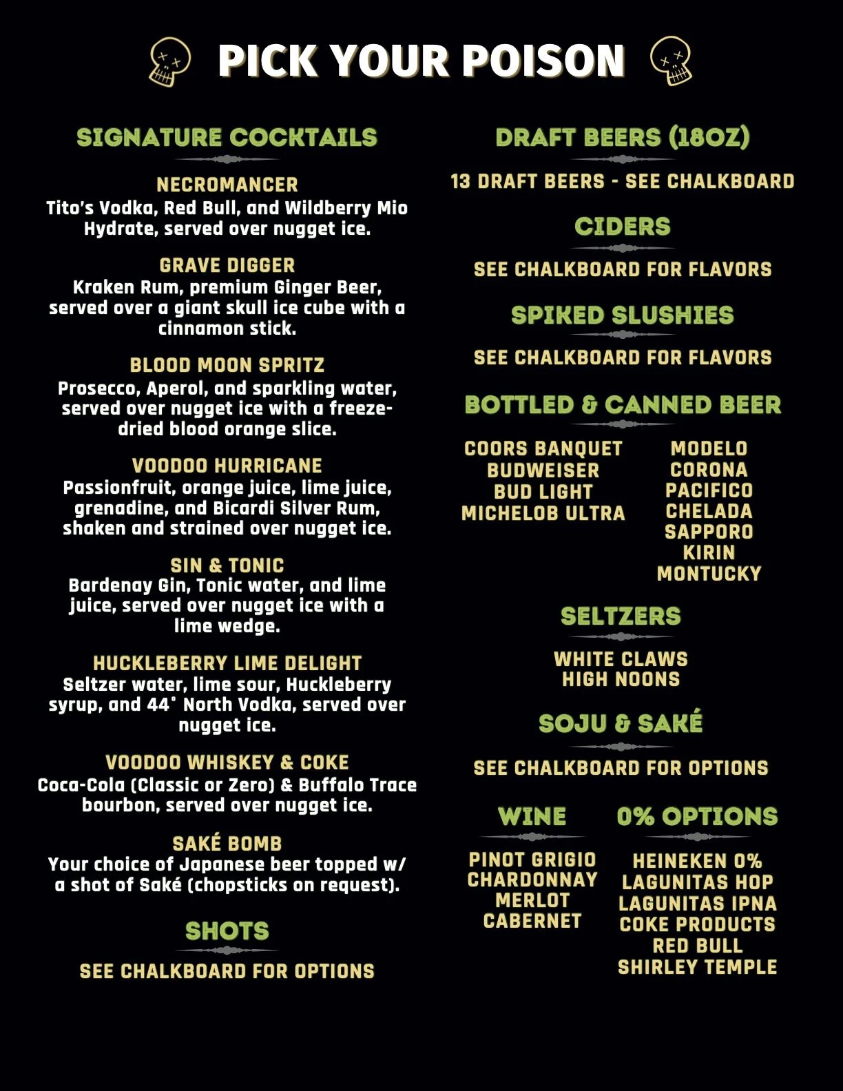 Shows the full drinks menu at Voodoo Cellar Boise