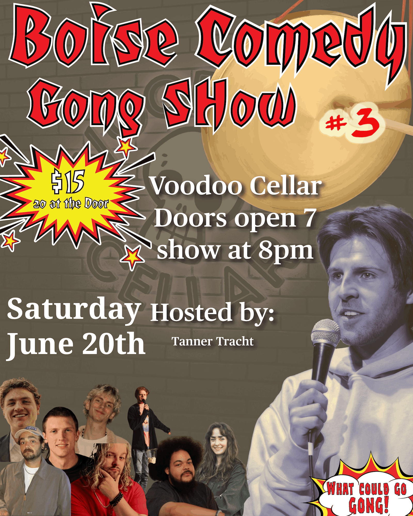 Promotional banner showing the details of the Gong Comedy Show this month at Voodoo Cellar Boise