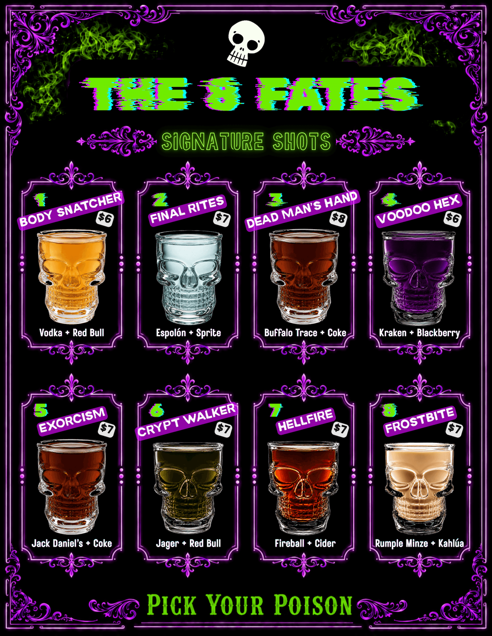 The Crypt Boise: Voodoo Cellar full signature shot menu