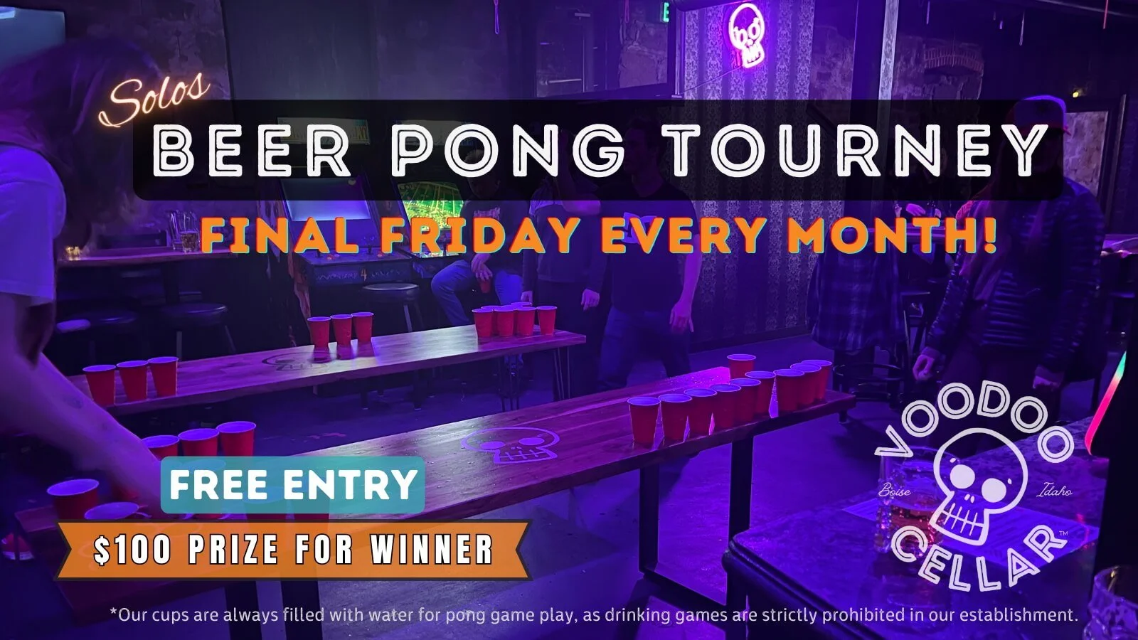 Banner showing all the details of the monthly solos beer pong tournament on the final Friday of each month at Voodoo Cellar Boise