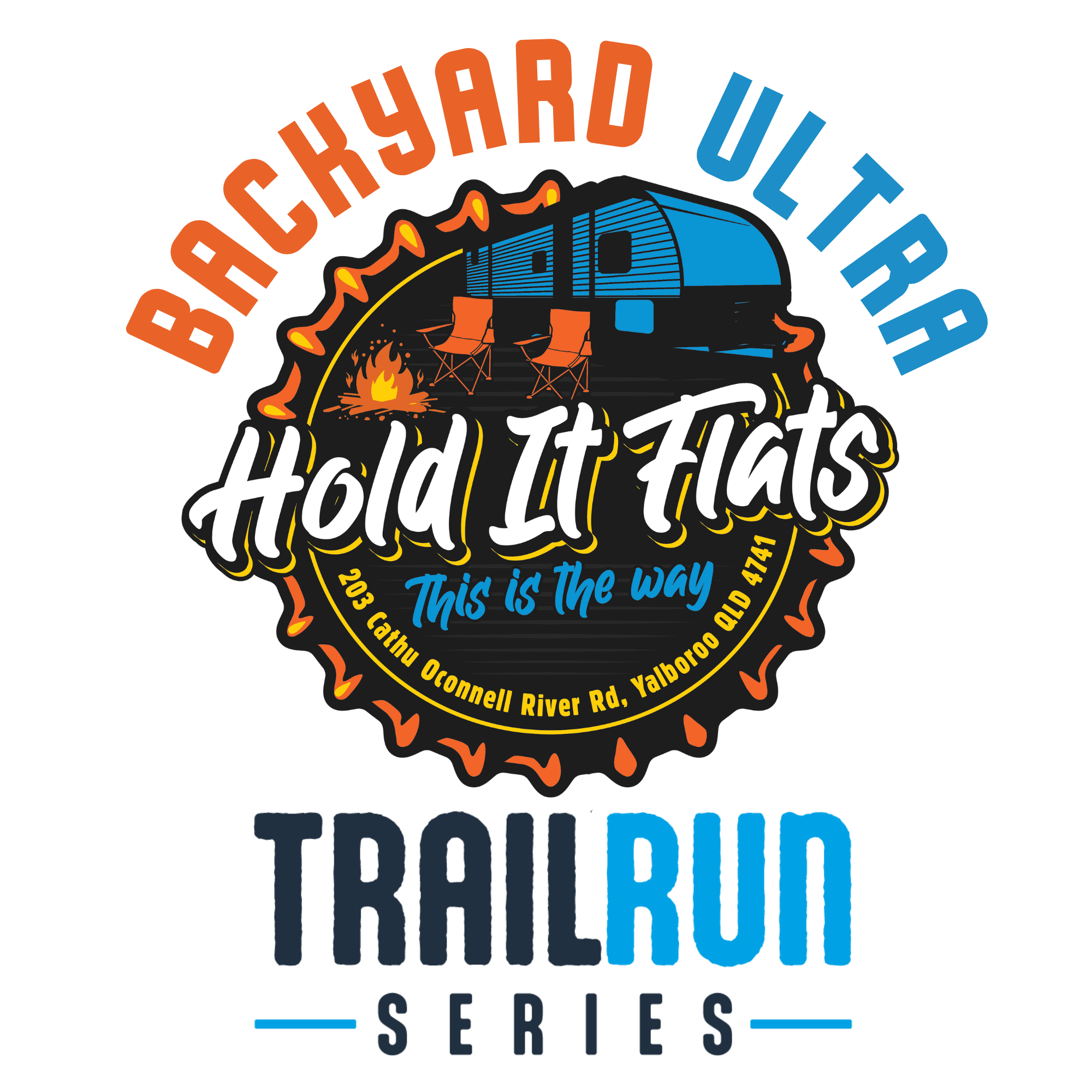 Graphic logo for 'Backyard Ultra World Tent Series' featuring a stylized campfire, camping chairs, a blue trailer, and a mountain outline, with circular text around the image.