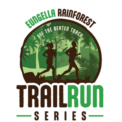 Silhouettes of two runners on a trail surrounded by trees, with a sunset or sunrise in the background, promoting the 'Trail Run Series' event.