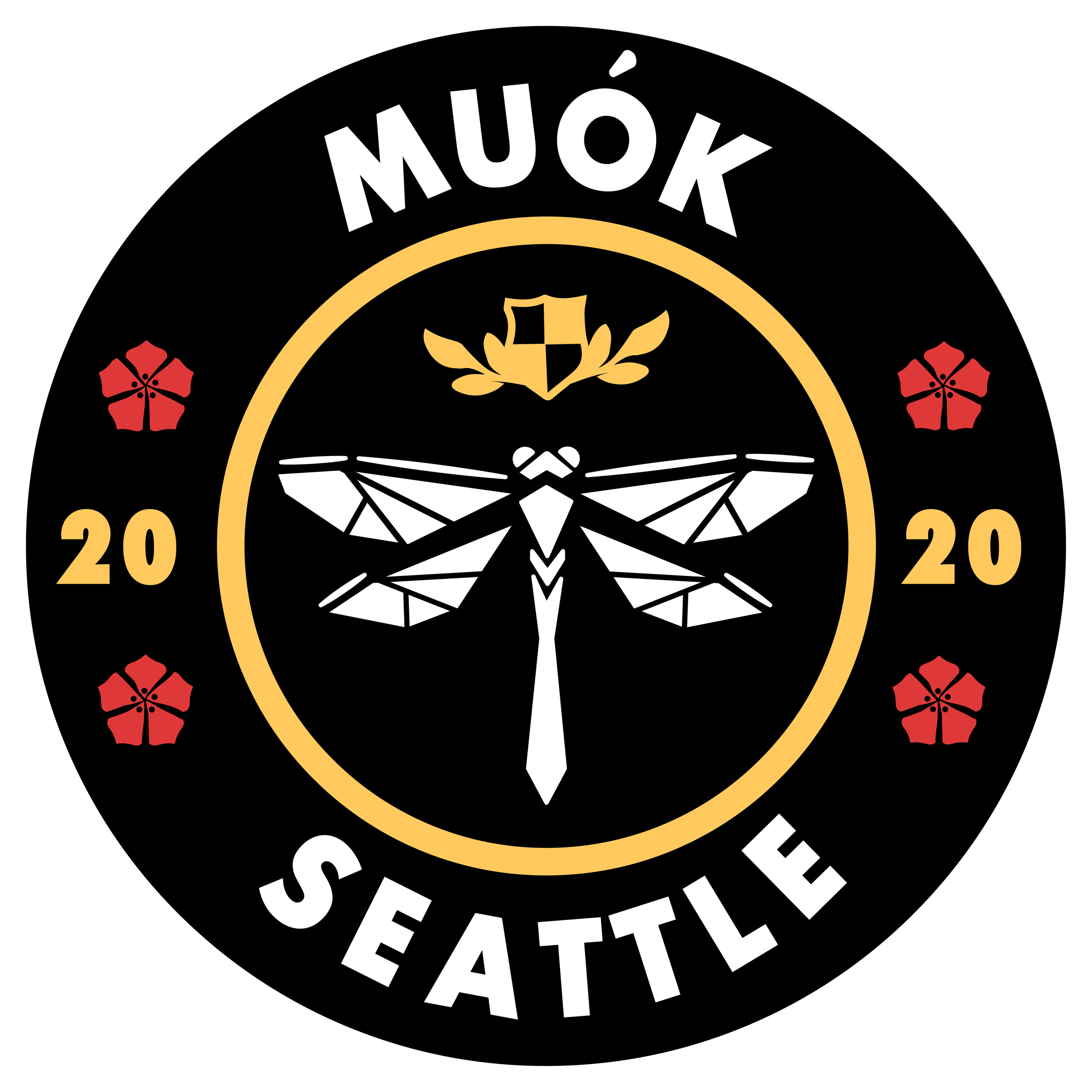 A circular emblem with a black background, featuring a white and black dragonfly in the center, a gold border, red floral accents, and the text 'MÚOK' at the top and 'SEATTLE' at the bottom. The emblem also displays the year '2020' on both sides.