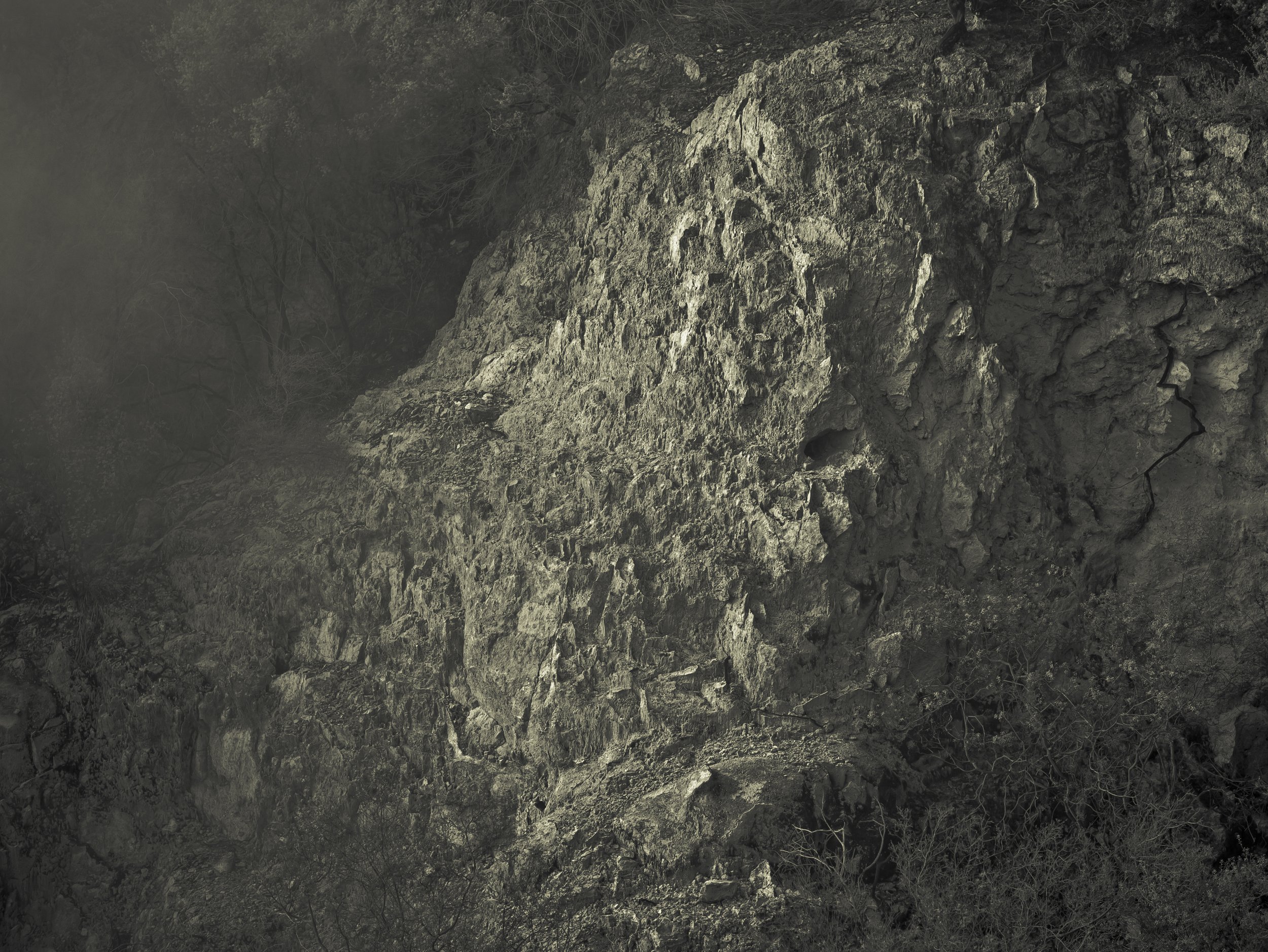 Close-up view of a rugged, rocky hillside with dark soil and sparse, leafless trees or bushes at the base.