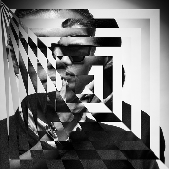 A black-and-white digital art portrait of a man wearing sunglasses and a collared shirt, with geometric and spiral distortions.