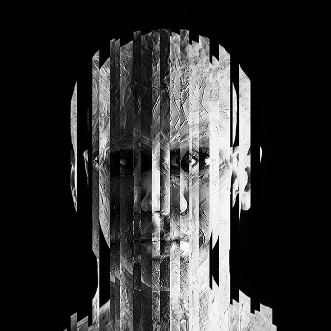 A black and white digital art portrait of a woman's face with a layered, abstract, vertical striped effect.