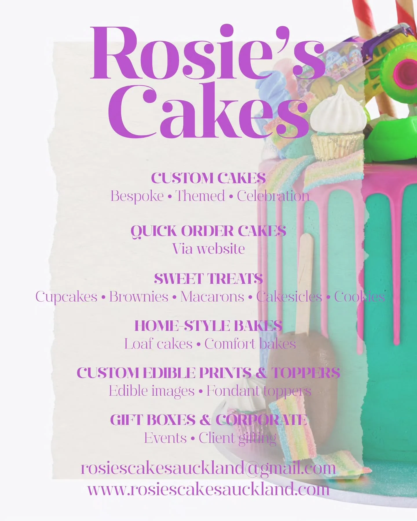 Not sure what I offer? Here's a little snapshot! 

From custom cakes to brownie stacks and edible prints - all from my kitchen in Auckland 

#customcake #nzcake #aucklandcake #corporategifting