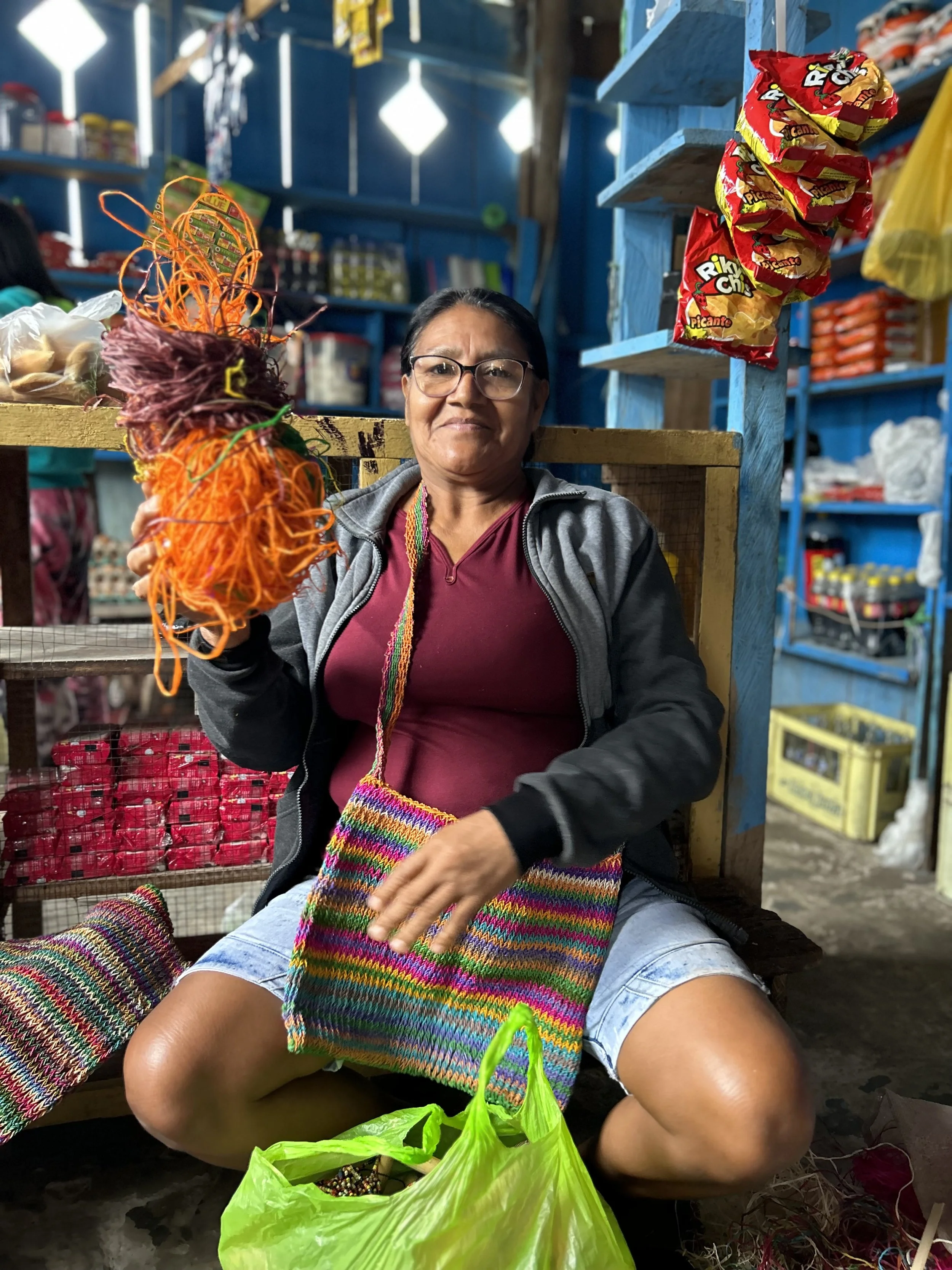 Chambira and string bags dyed with the vibrant colours of the Amazon