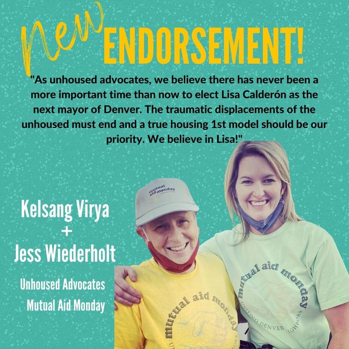 So proud to have the endorsement of two of my good friends! The work of @mutualaidmonday is so critical and I look forward to working with advocates like Kelsang and Jess as mayor as we pivot from a shelter-first approach to a housing-first approach 