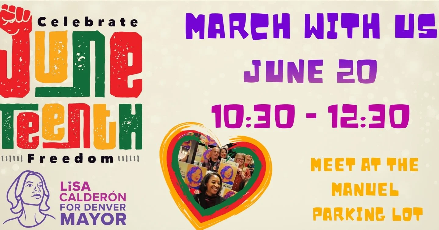 Celebrate Juneteenth with us as we march for freedom, unity, and community! 

Meet us at the Manuel parking lot and come be part of a powerful day of action. ❤️💛💚💜 

Link in bio to register!

#Juneteenth #DenverCommunity #LisaCalderonForMayor