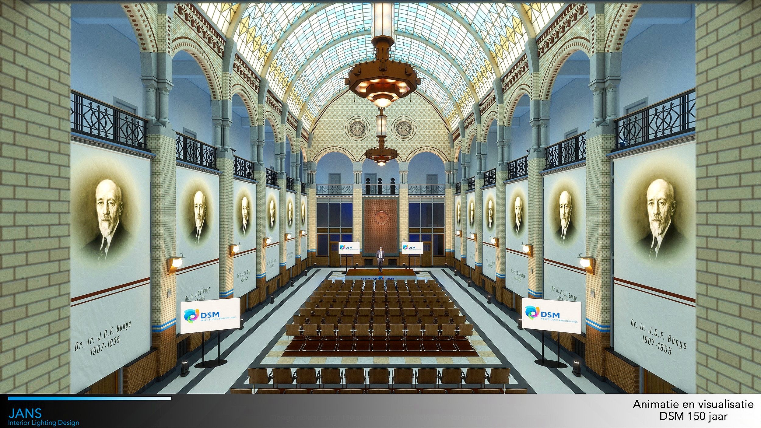 Daglicht en kunstlicht Lichtontwerp studie voor DSM. Hier daglicht aangevuld met blauwe led-verlichting. Ontwerp van Indeling en aankleding is ook door Jeroen Jans aangeleverd.