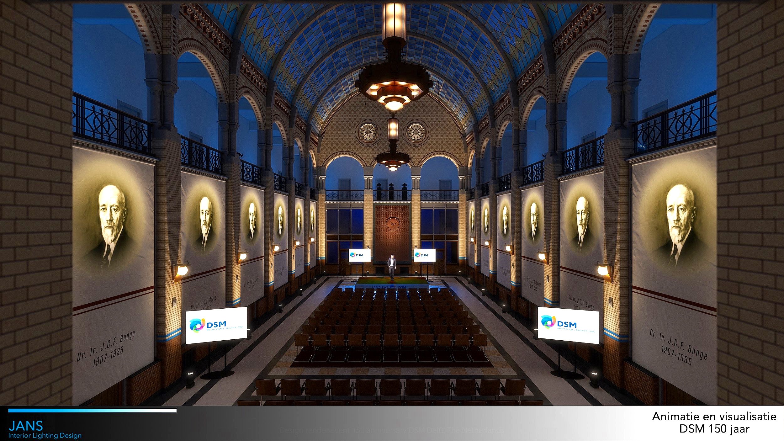 Daglicht en kunstlicht Lichtontwerp studie voor DSM. Hier is alleen blauwe led-verlichting te zien zonder daglicht intreding. Ontwerp van Indeling en aankleding is ook door Jeroen Jans aangeleverd.