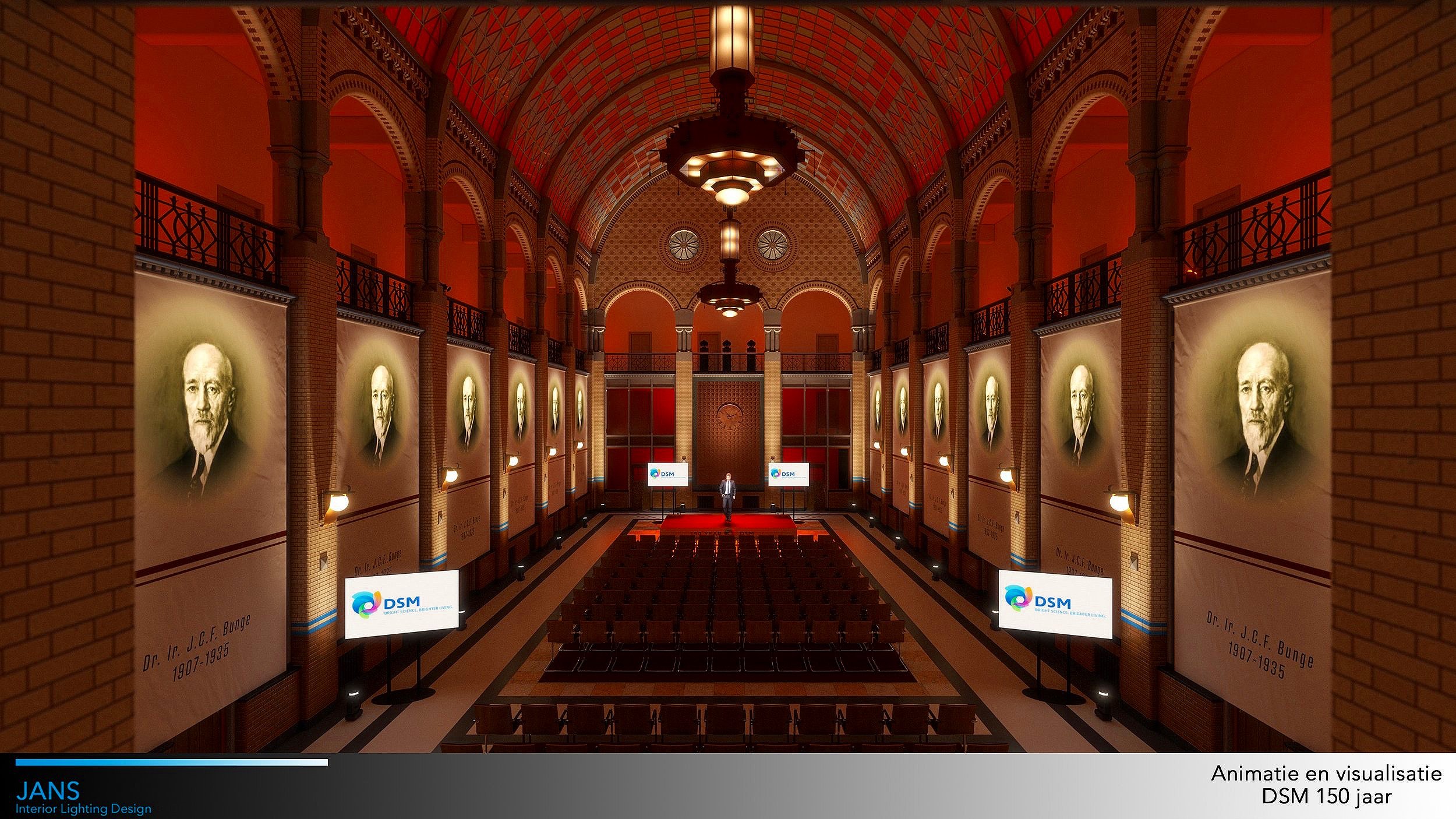 Daglicht en kunstlicht Lichtontwerp studie voor DSM. Hier is alleen rode led-verlichting te zien zonder daglicht intreding. Ontwerp van Indeling en aankleding is ook door Jeroen Jans aangeleverd.