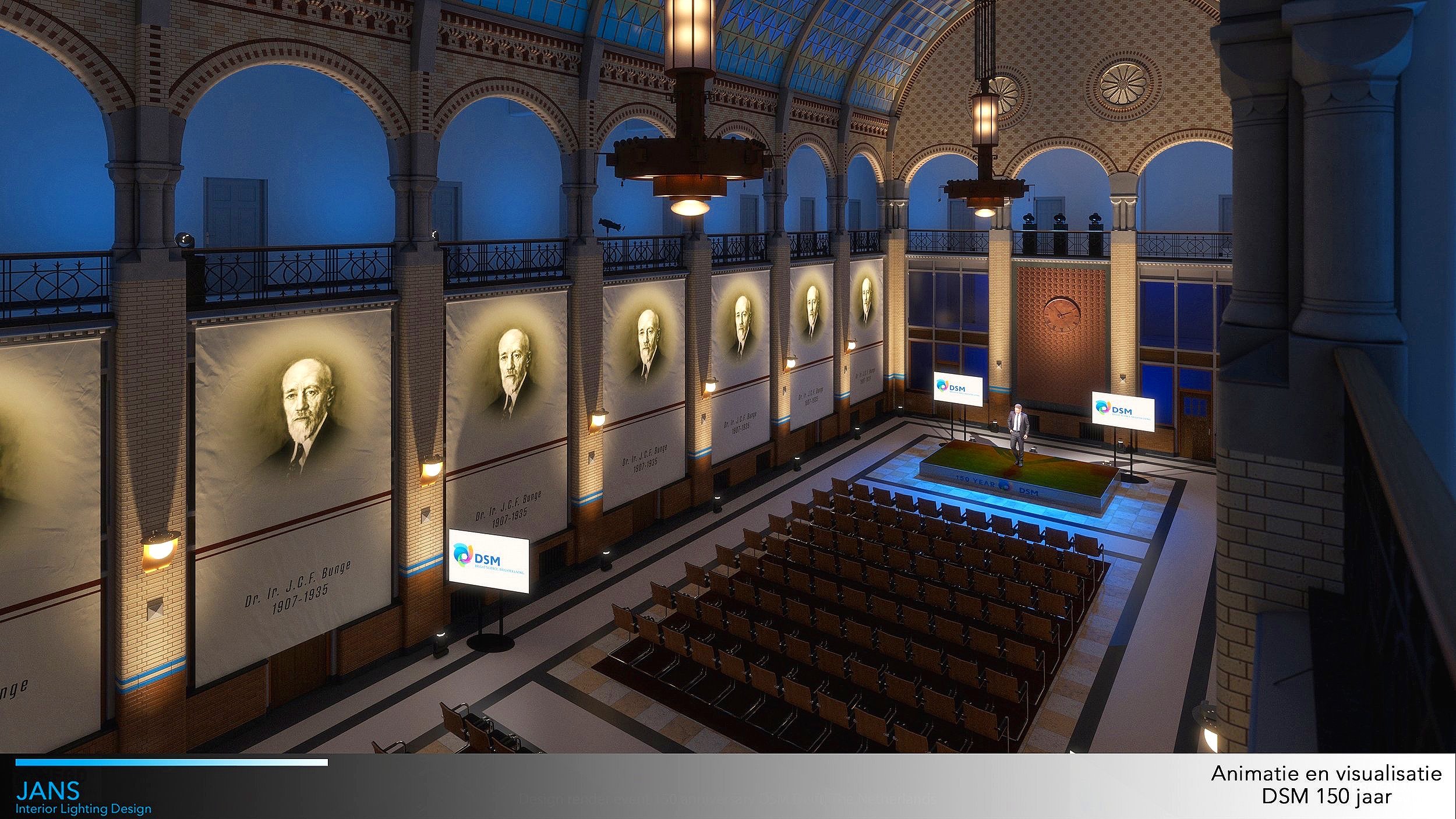 Daglicht en kunstlicht Lichtontwerp studie voor DSM. Hier is alleen blauwe led-verlichting te zien zonder daglicht intreding. Ontwerp van Indeling en aankleding is ook door Jeroen Jans aangeleverd.