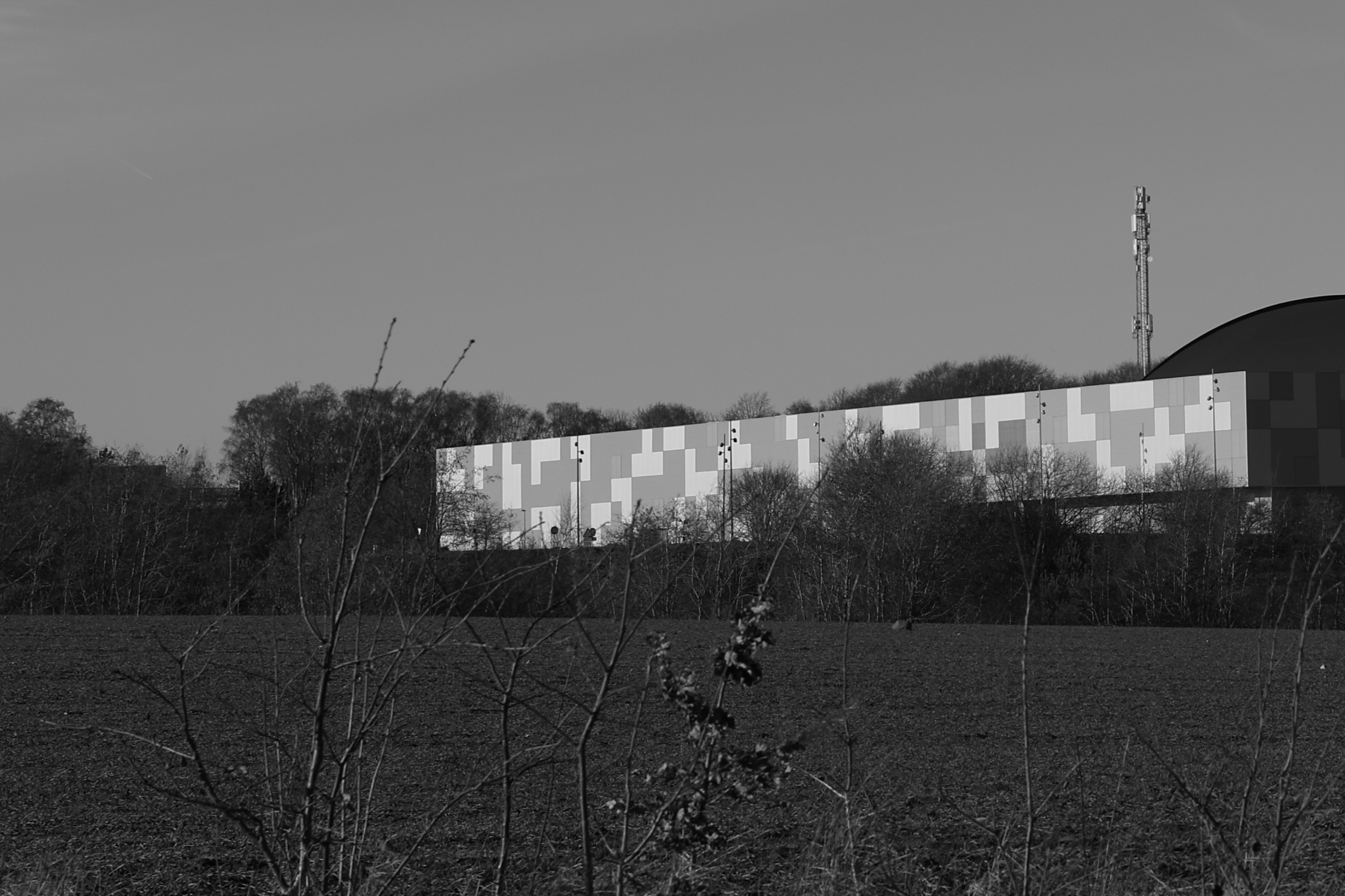 Black and white photo of a modern building with geometric patterns, surrounded by trees and an open field in the foreground.