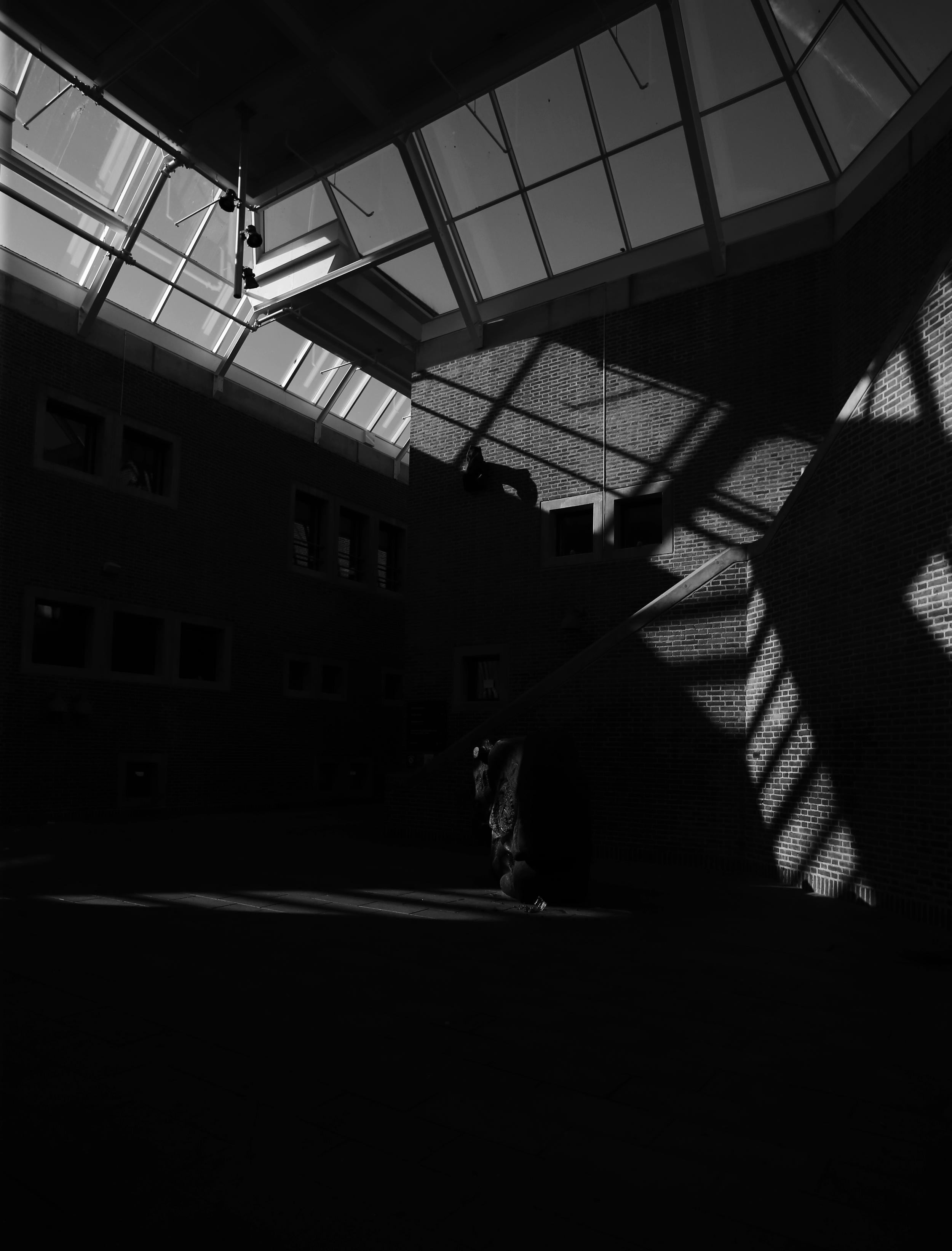Interior view of a building with a glass ceiling, showing shadows cast by the ceiling structure on brick walls and floor. A person is crouching near the wall in shadow.