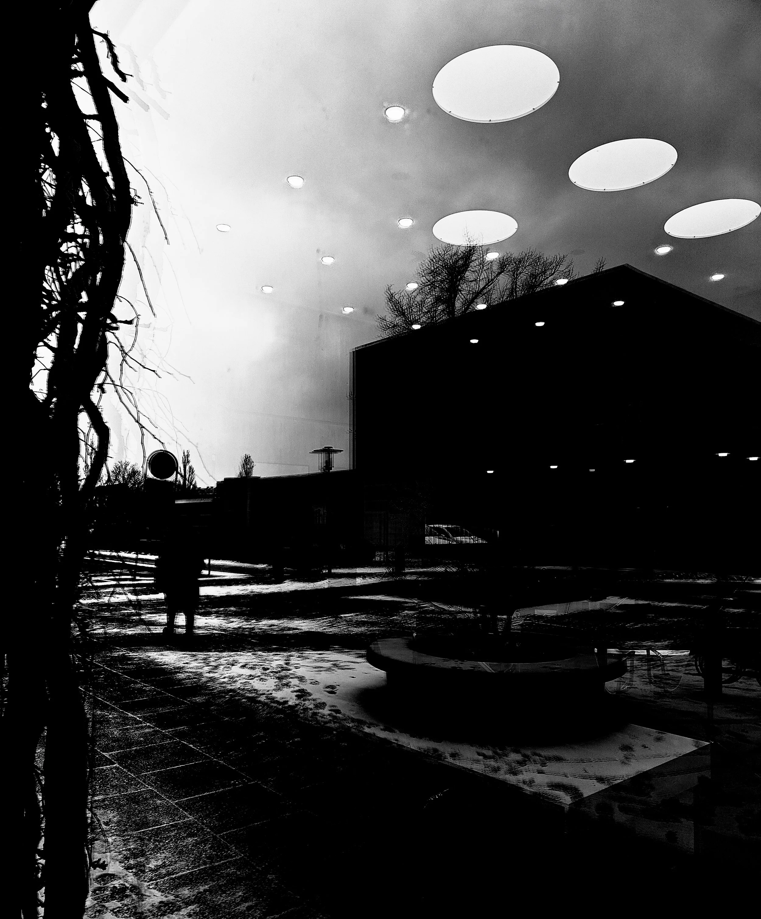 Black and white photograph of a modern building with a courtyard, reflecting puddles, leafless trees, and a person walking outside. Circular light fixtures are visible through a glass window reflecting the outside scene.